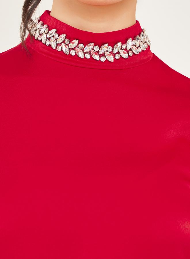 ستايلي فستان ميدي شيفت منمق مع ياقة عالية - Image 4